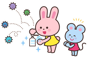 Goodbye to the virus,.Rabbit disinfecting hands