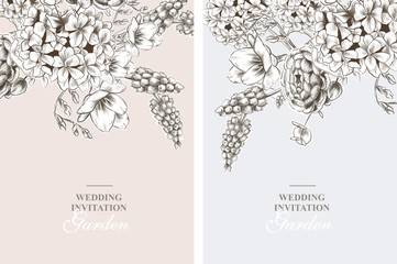 A set of luxury wedding invitation cards on a pink and blue pastel background with hydrangea, rose and leaf flowers