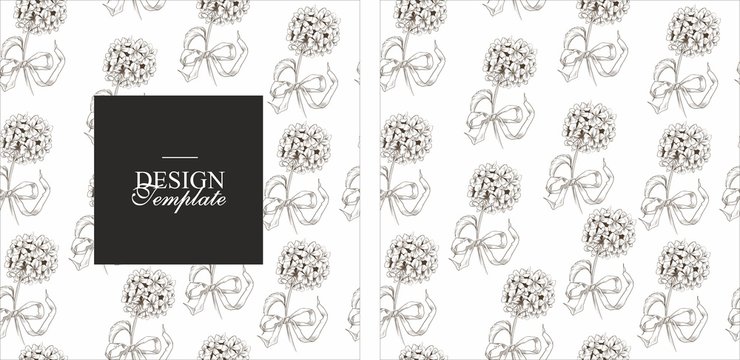 A set of seamless pattern on a white background with a hydrangea graphic and a background with a black window for text. Elegant and stylish