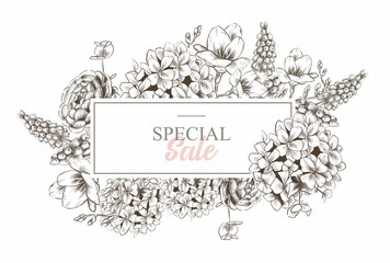 Flowers banner graphics place for the text of the sale invitation. hydrangea. Alstroemeria. Muscari