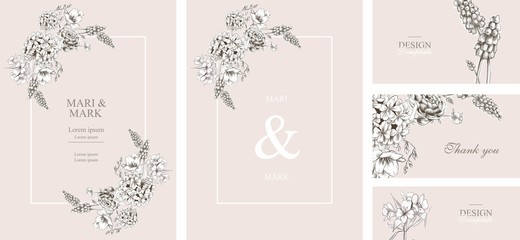 Naklejka na ściany i meble Flowers invitation template wedding card pastel pink hydrangea and roses