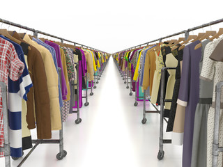 An endlessly long range of clothing racks with a big choice of products. Second hand stock or sale of clothing. Shopping and fashion. 3D render illustration on white background with copy space.