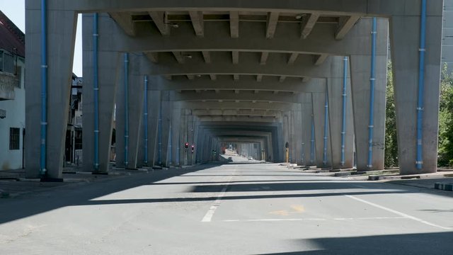 The famous M1 double-decker highway in Johannesburg, South Africa almost completely empty during the covid-19 coronavirus lockdown. 