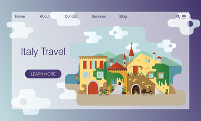 Concept of a travel site. Tour, trip to Italy. Illustration of an Italian village or small authentic town on the coast. Picturesque stone houses on coast. Vector website landing page design template