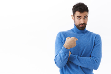 Who me, why. Portrait of surprised and confused bearded man look with disbelief and pointing at...