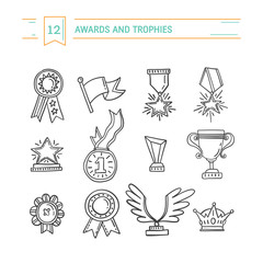 Trophy, medals, cups and awards icons set
