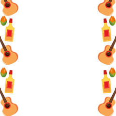 Mexican guitars tequila bottles and flowers frame design, Mexico culture tourism landmark latin and party theme Vector illustration