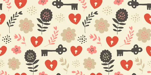 Foto op Plexiglas Flying hearts and keys seamless pattern, hand drawn hearts, keys, flowers, leafs, polka dots love background © Fandorina Liza