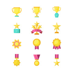 Trophy, medals, cups and awards icons set isolated