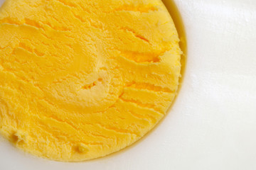 Close up medium boiled egg portion, Boiled eggs, farm fresh eggs taste better.