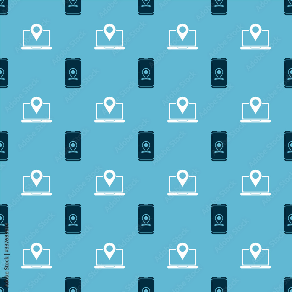 Fototapete set infographic of city map navigation and laptop with location marker on seamless pattern. vector