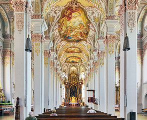 Munich, Germany. Interior of Heilig-Geist-Kirche (Church of the Holy Spirit). The ceiling frescoes...