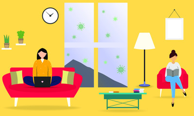 Coronavirus concept. Be at home during a coronavirus epidemic. Work at home during isolation. Worker woman working at home, another woman reading a book. Vector illustration
