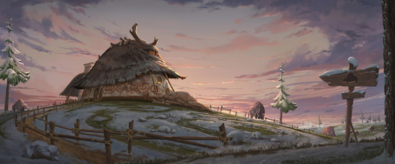 A  digital illustration scenery of the small farmer hut. © Asanee