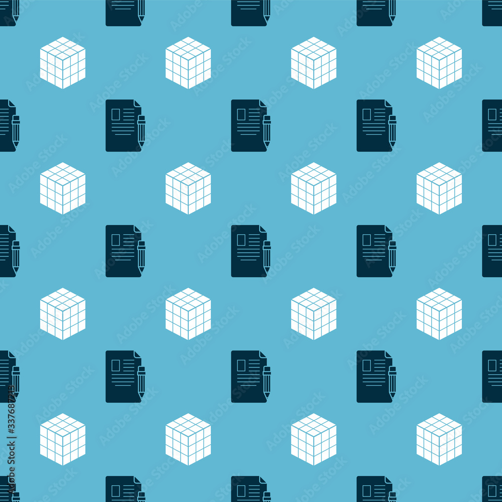Poster set exam sheet and pencil with eraser and rubik cube on seamless pattern. vector
