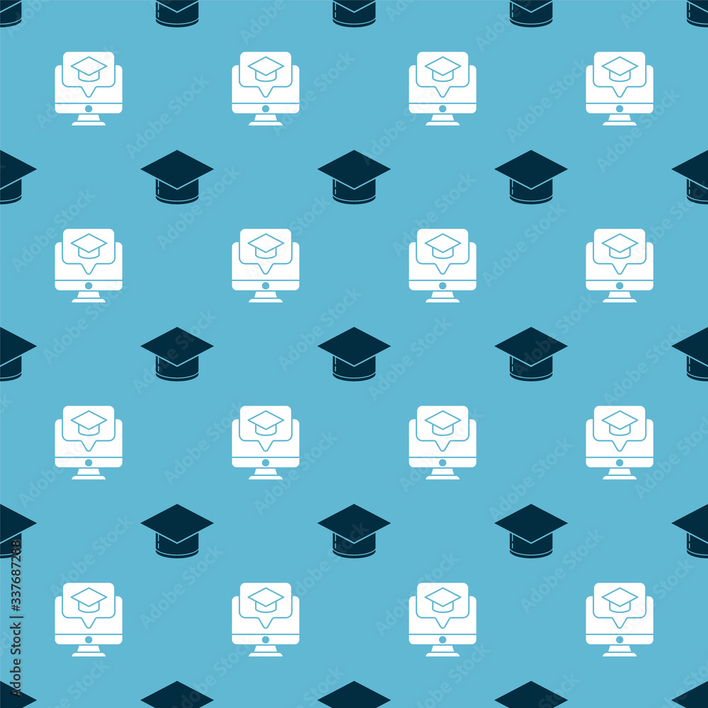 Poster set graduation cap and monitor with graduation cap on seamless pattern. vector