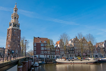 City scenic from Amsterdam in the Netherlands with the Montelbaan tower