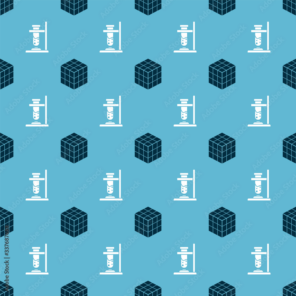 Poster set rubik cube and glass test tube flask on fire on seamless pattern. vector