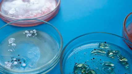 Viruses and bacteria in a Petri dish, various analyses in the laboratory. Virology and virus research, concept.