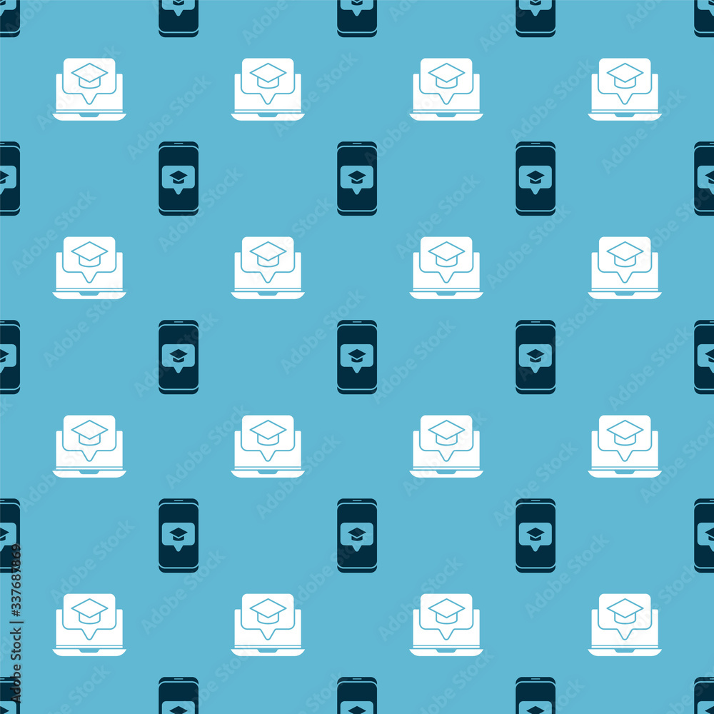 Poster set graduation cap on screen smartphone and graduation cap on screen laptop on seamless pattern. vec