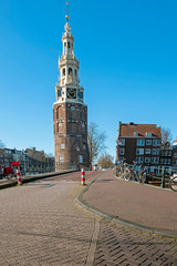 Fototapeta na wymiar City scenic from Amsterdam in the Netherlands with the Montelbaan tower