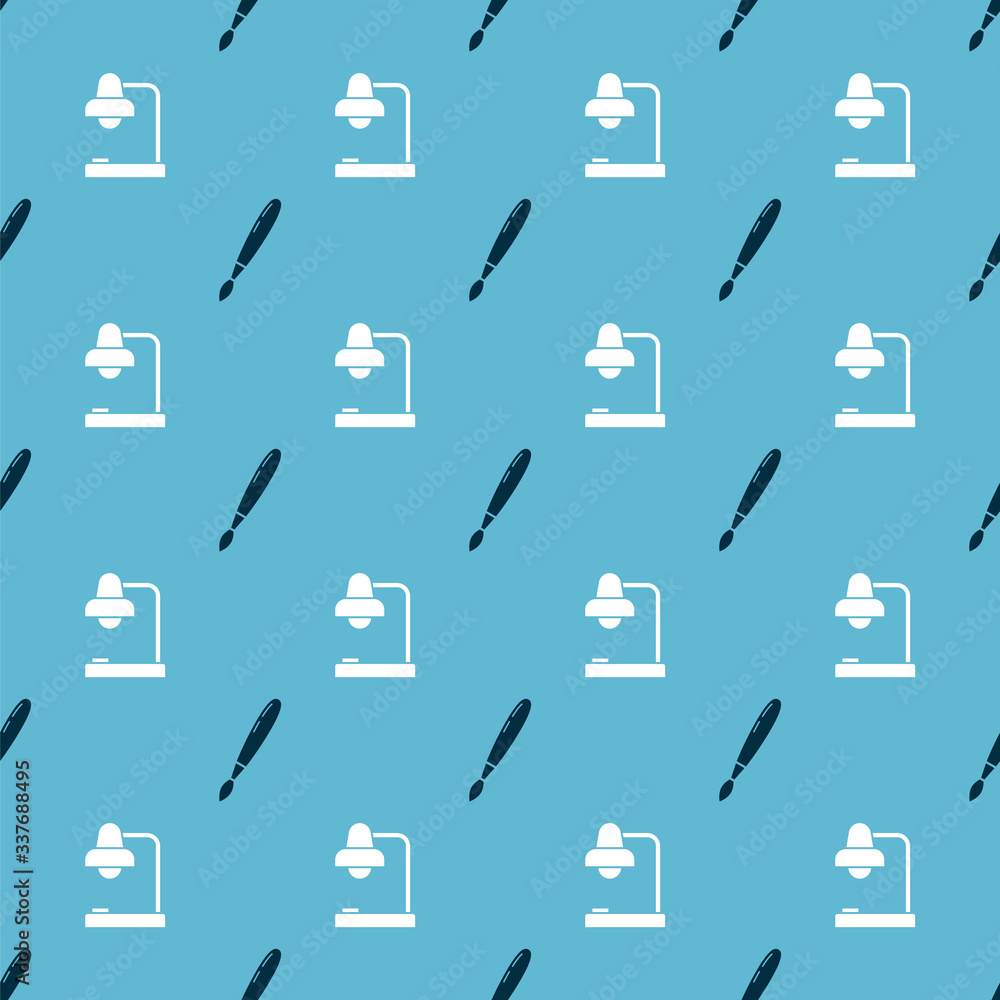 Poster set paint brush and table lamp on seamless pattern. vector