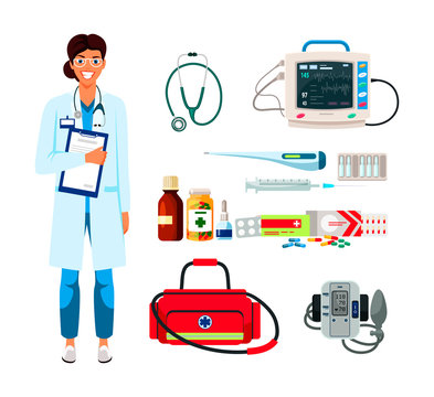 Smiling female doctor with medical accessories set