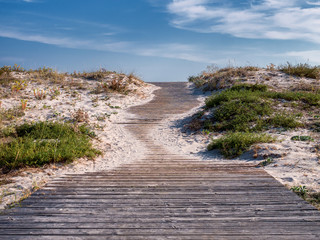 Wooden walkway, through the dunes, beach access to Praia Larino. Larino, Carnota, La Coruna, Galicia, Spain