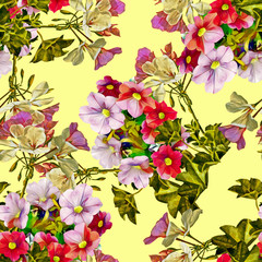 Petunia with geraniaflowers, seamless pattern.