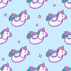 Fototapeta premium Vector cute seamless linear unicorn drink holder for pool pattern with stars in doodle cartoon style on blue pastel background