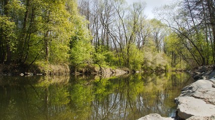 Fototapeta na wymiar Flusslandschaft bei gutem Wetter, die Landschaft spiegelt sich im Wasser