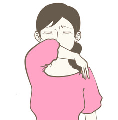 イラスト素材　クシャミを肘でおさえる女性　エチケット　マナー