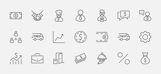 Set of Business vector line icons. It contains symbols of a handshake, a user, dollar pictograms, gears, a briefcase, a bag of money, a schedule and much more. Editable Stroke. 32x32 pixels.
