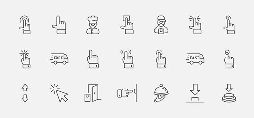Click Set of Buttons related Vector Icons. Contains such Icons as Cursor, Mouse, Hand, Index Finger, Arrow and more. Editable Stroke. 32x32 Pixels