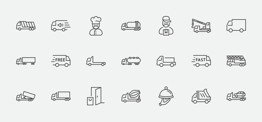 Truck Set of Transport Vector Line Icons. Contains such Icons as Truck, Transportation, Tow Truck, Cranes, Mixer, Garbage Truck, Manipulators, Delivery service and more. Editable Stroke. 32x32 Pixels