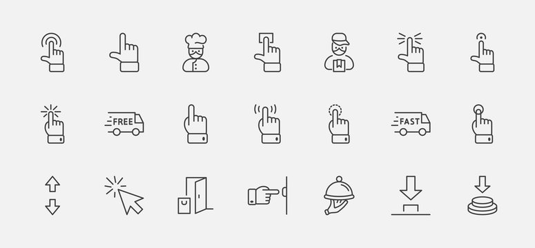 Click Set of Buttons related Vector Icons. Contains such Icons as Cursor, Mouse, Hand, Index Finger, Arrow and more. Editable Stroke. 32x32 Pixels