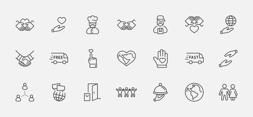 International Day of Human Solidarity Line Vector Icons Set. Contains such Icons as Handshake, Heart, planet Earth, helping Hand, People and more. Editable Stroke. 32x32 Pixels