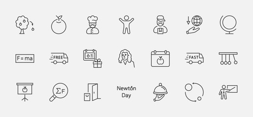 Newton's Day Set Line Vector Icon. Contains such Icons as Newton, Laws of physics and gravity, Flying Apple, Calendar, Teacher, blackboard and projector Editable Stroke. 32x32 Pixels