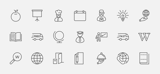 Wikipedia's birthday Set Line Vector Icon. Contains such Icons as Wikipedia, Open Book, Teacher, Blackboard, Pointer, Web Globe, Directory, Search, Lamp, Calendar. Editable Stroke. 32x32 Pixels