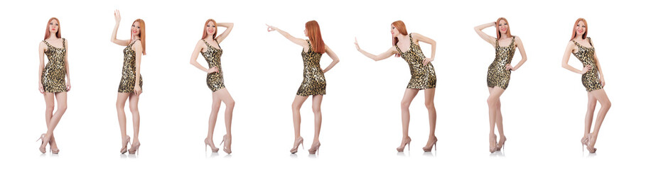 Model wearing fashionable clothing on white