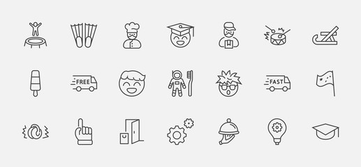International World Day of Children's Inventions Set Line Vector Icon. Contains such Icons as Toothbrush astronauts, Trampoline, Flippers, Frozen juice, earmuffs. Editable Stroke. 32x32 Pixels
