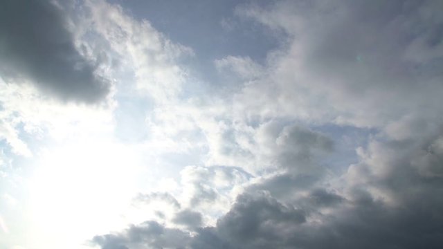 view of cloudy sky with big gray clouds floating slow motion in sunny day