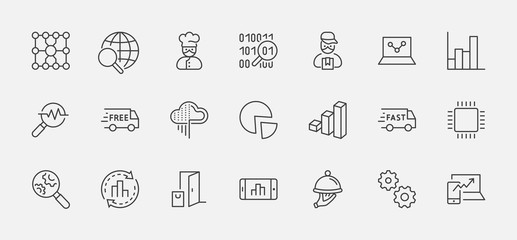 Set of Data Analysis Related Technology Vector Line Icons. Contains such Icons as Charts, Search, Graphs, Traffic Analysis, Big Data and more. Editable Stroke. 32x32 Pixels