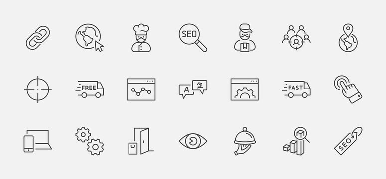 Set of SEO Related Vector Line Icons. Contains such Symbols as Web icon, Eye, Localization, Link, Traffic, Translate, Performance Tracking, Point and more. Editable Stroke. 32x32 Pixels