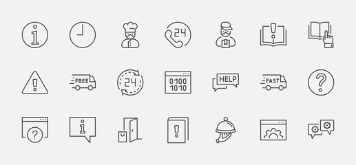 Set of Help And Support Vector Line Icons. Contains such Icons as Handbook, Book, Online Help, Tech Support and more. Editable Stroke. 32x32 Pixels