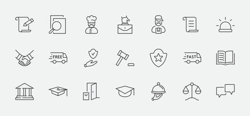Set of Law and justice Vector Line Icons. Contains such Icons as weapon, arrest, authority, courthouse, gavel, legal, weapon and more. Editable stroke. 32x32 Pixels