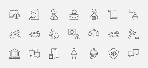 Set of Law and justice Vector Line Icons. Contains such Icons as weapon, arrest, authority, courthouse, gavel, legal, weapon and more. Editable stroke. 32x32 Pixels