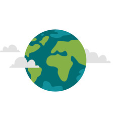 cartoon flat globe illustration isolated on a white background. Flat earth planet with continents, oceans and clouds. Web icon design object . Save the planet concept