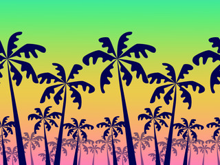Fototapeta na wymiar Silhouettes of palm trees on a bright background. Create a warm atmosphere of relaxation and the tropics. Suitable for summer decor.