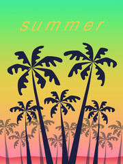 Fototapeta na wymiar Silhouettes of palm trees on a bright background. Create a warm atmosphere of relaxation and the tropics. Suitable for summer decor.